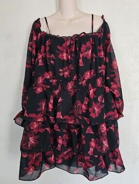 Faded Rose Black Off-Shoulder Tiered Dress with Floral Print Size Womens 3X NEW